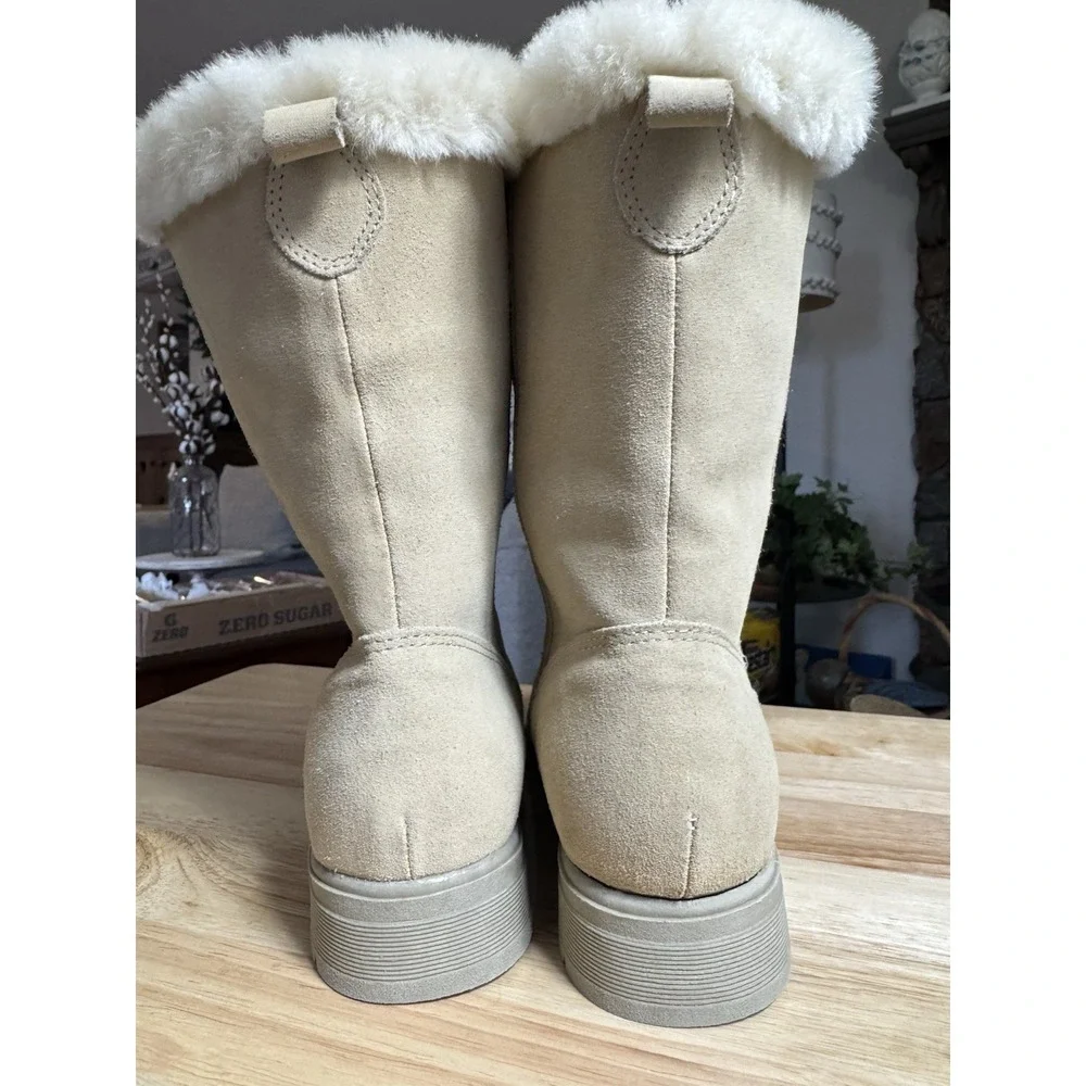 Sporto Boots Women's Sz 7 Mid Calf Pull On Winter Snow Boot Camel Suede Leather